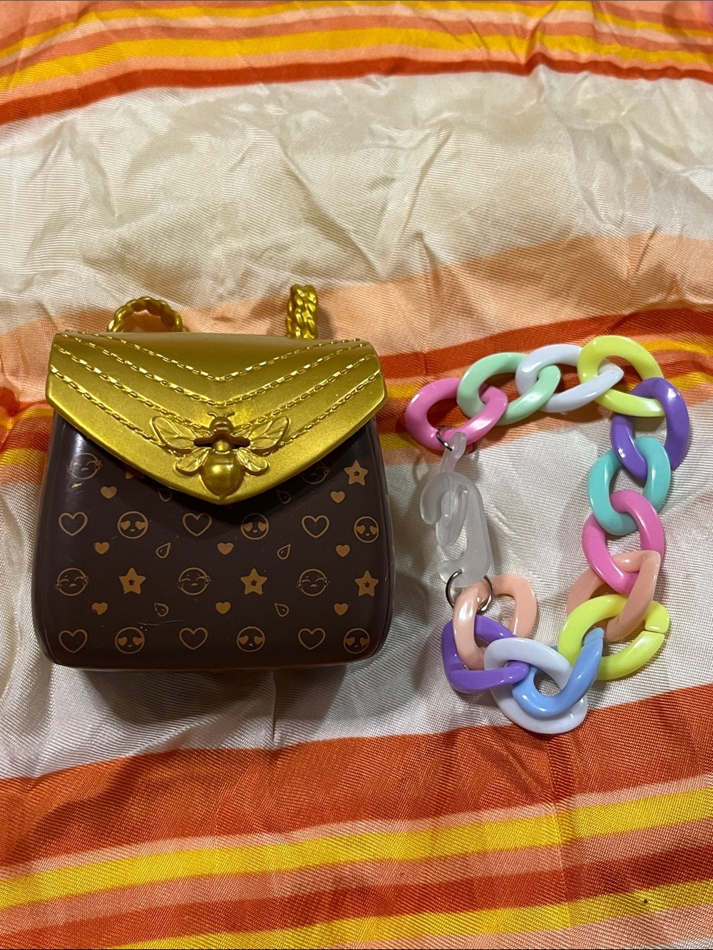 Kids Mini Brown Purse with Gold Flap and Pastel Chain Accessory